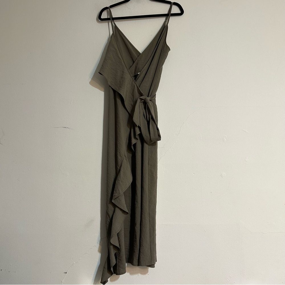 Tularosa Selena Wrap Flowy Ruffle Slit Maxi Dress Olive Green Size XS